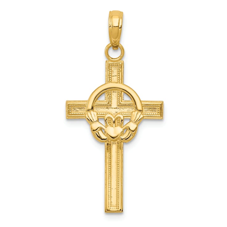 14K Yellow Gold Polished Claddagh Cross Pendant