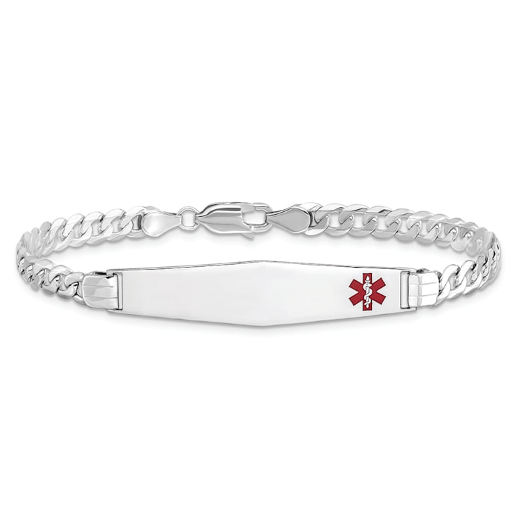 Rhodium Over 14k White Gold Medical Soft Diamond Shape Red Enamel Flat
Curb Link ID Bracelet