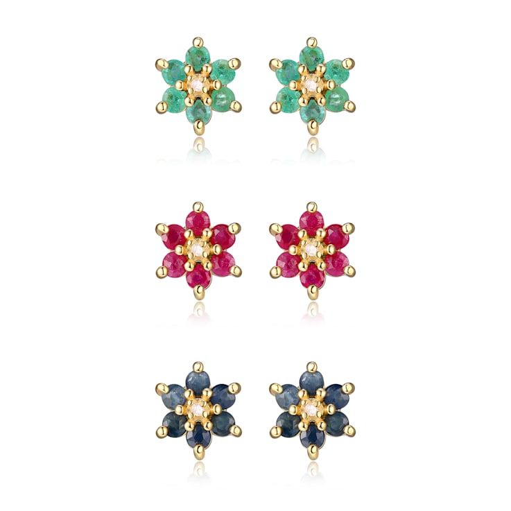 Green Emerald 18k Yellow Gold Over Sterling Silver Flower Earring Set