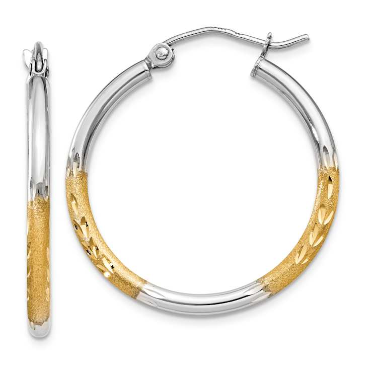 14k Yellow Gold and Rhodium Over 14k Yellow Gold 13/16" Polished
Satin and Diamond-Cut Hoop Earrings
