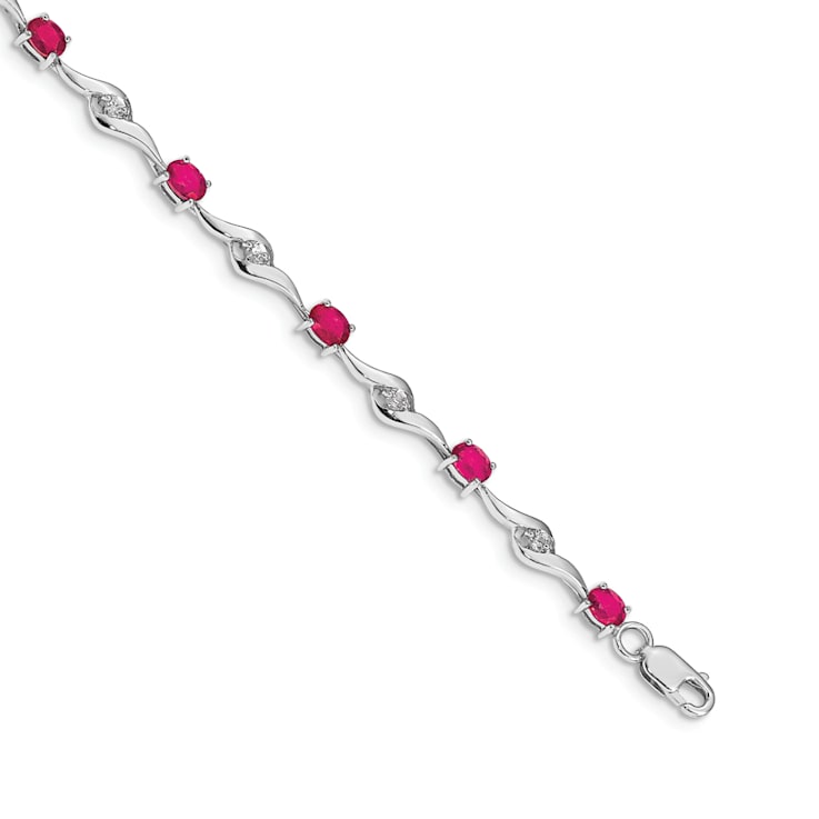 Rhodium Over 14k White Gold White Sapphire and Ruby Bracelet