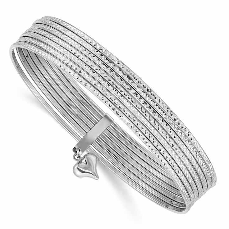 Rhodium Over 14k White Gold Textured Set of 7 Slip-on Bangles with
Dangling Heart Charm