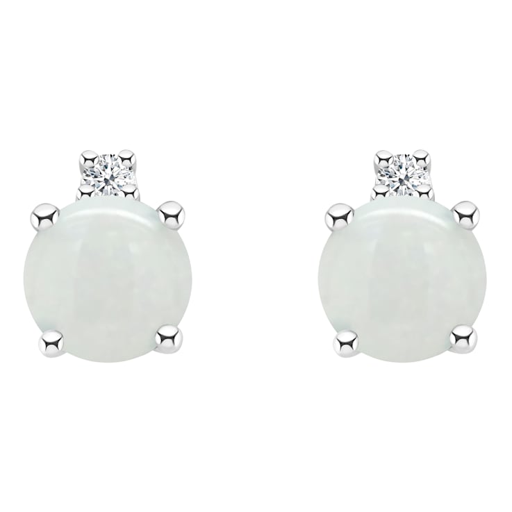 4mm Round Opal with Diamond Accents 14k White Gold Stud Earrings