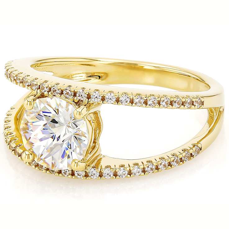 Diamond Simulant Castle Cut Round And White Zircon Ring In 18K Gold Over
Sterling Silver 2.67ctw