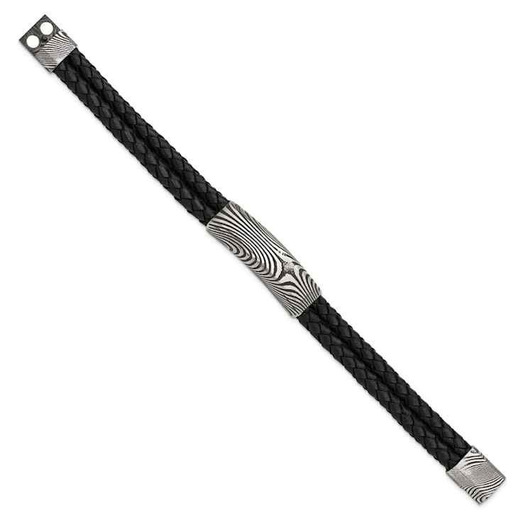 Black Leather and Stainless Steel with Damascus Steel Bracelet