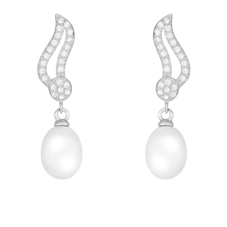 7-8mm White Cultured Freshwater Pearl and Cubic Zirconia Rhodium Over
Sterling Silver Earrings