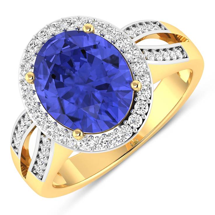 3.82 ctw Oval Violet Tanzanite and Diamond 14K Yellow Gold Split Shank
Halo Ring