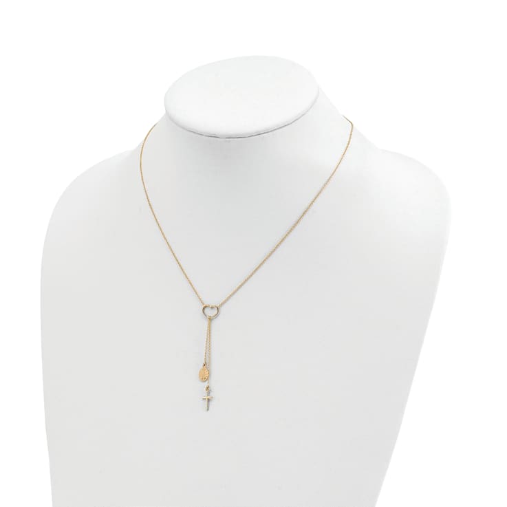 14K Yellow Gold Polished Heart with Dangle Cross and Religious Medal Necklace