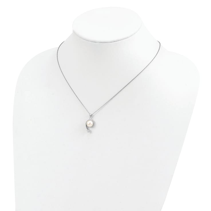 Rhodium Over Sterling Silver 8-9mm White Freshwater Cultured Pearl Cubic
Zirconia Pendant Necklace