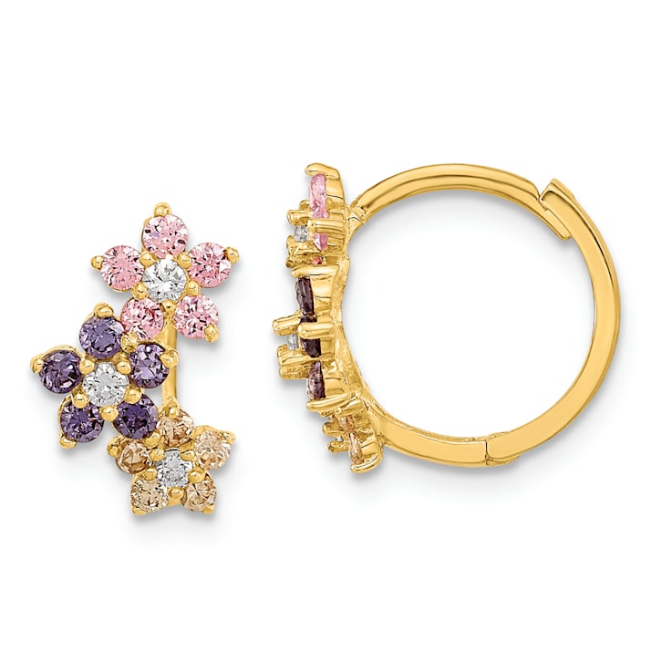 14K Yellow Gold Hinged Flower Multicolor Cubic Zirconia Hoop Earrings