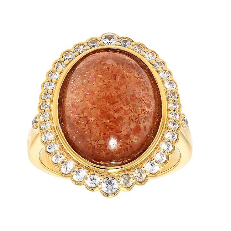 Orange Sunstone Oval And White Zircon Ring In 18K Gold Over Sterling
Silver 0.46ctw