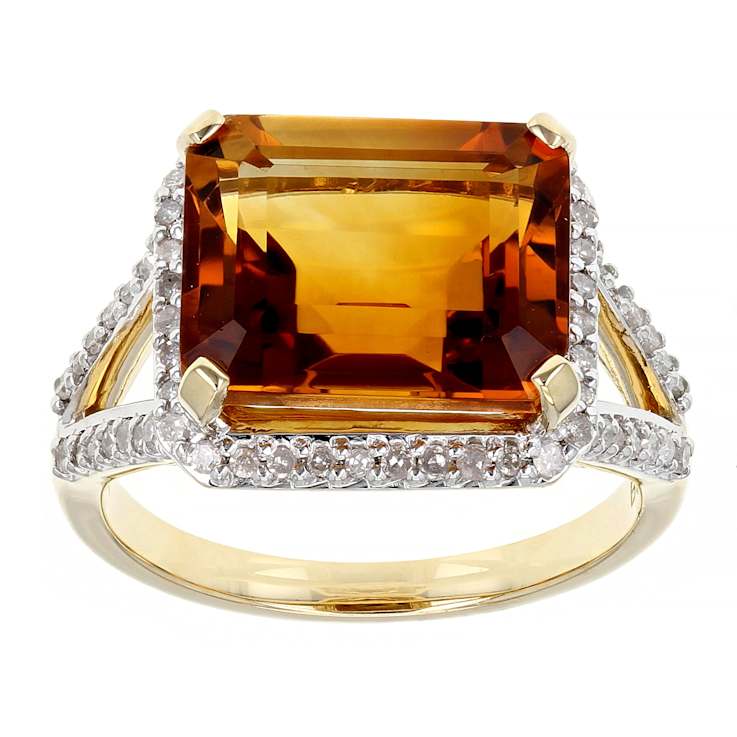 Citrine Rectangular Octagonal And White Diamond Halo Ring In Solid 14K
Yellow Gold 4.55ctw