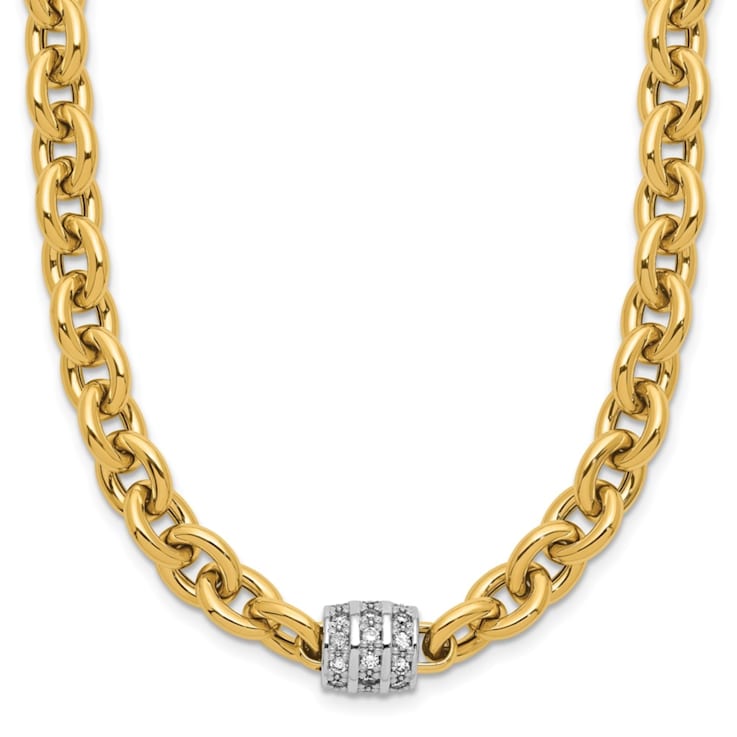 14K Yellow Gold with White Rhodium Diamond Oval Link 18 Inch Necklace