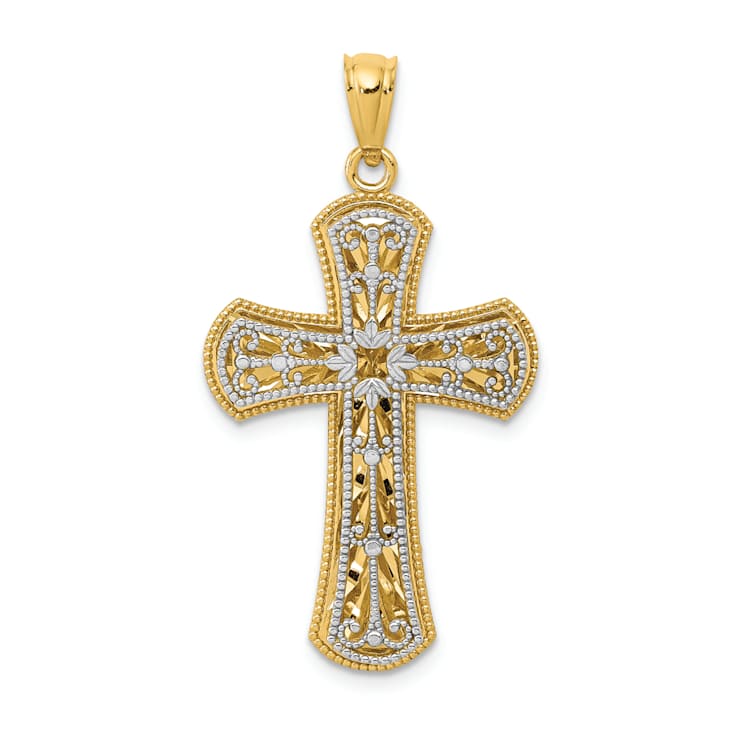 14k Two-tone Gold Polished and Textured 2 Level Cross Pendant