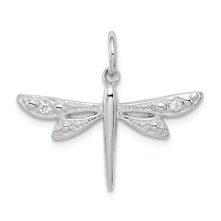 Rhodium Over Sterling Silver Cubic Zirconia Dragonfly Pendant