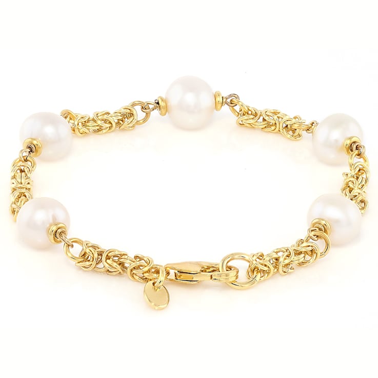 Cultured Freshwater Pearl Byzantine Chain Station Bracelet In 18K Gold
Over Bronze 8mm