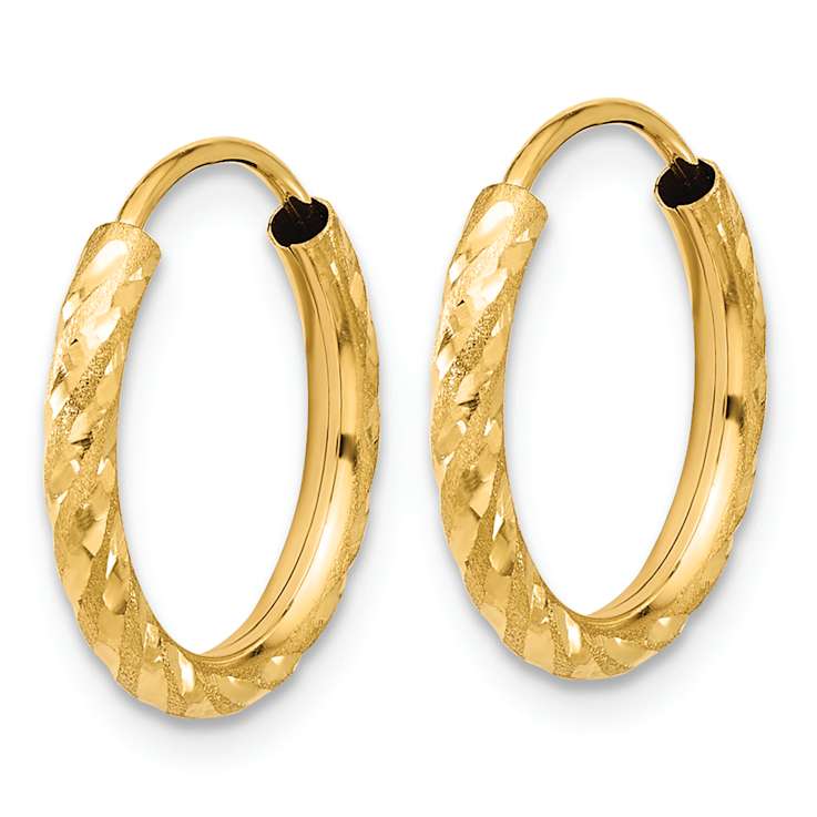 14k Yellow Gold Polished, Satin and Diamond-Cut 9/16" Endless Hoop Earrings