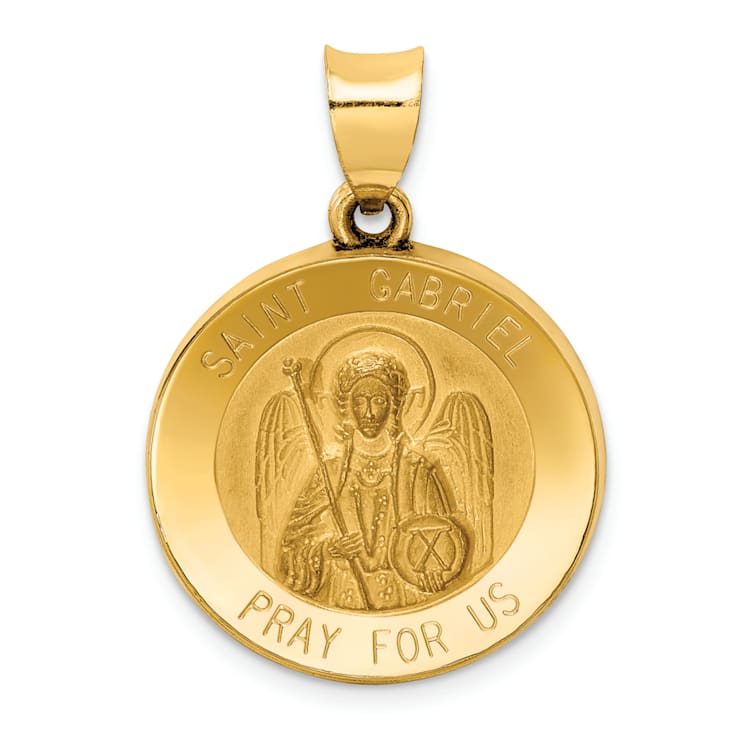 14K Yellow Gold Polished and Satin St Gabriel Medal Hollow Pendant