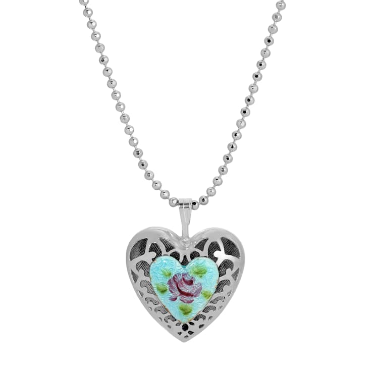 Heart Floral Enamel Pendant Necklace 18"