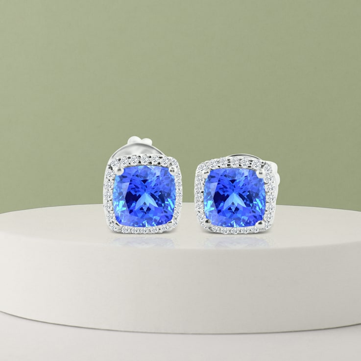 14K White Gold Square Cushion Tanzanite and Diamond Earrings 2.87ctw