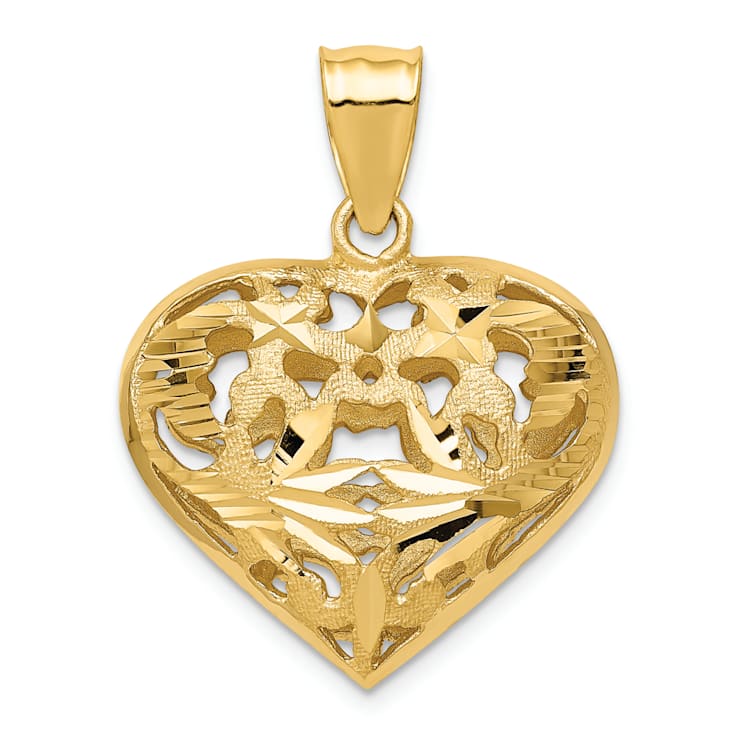 14k Yellow Gold 3D Satin and Diamond-Cut Fancy Heart Pendant