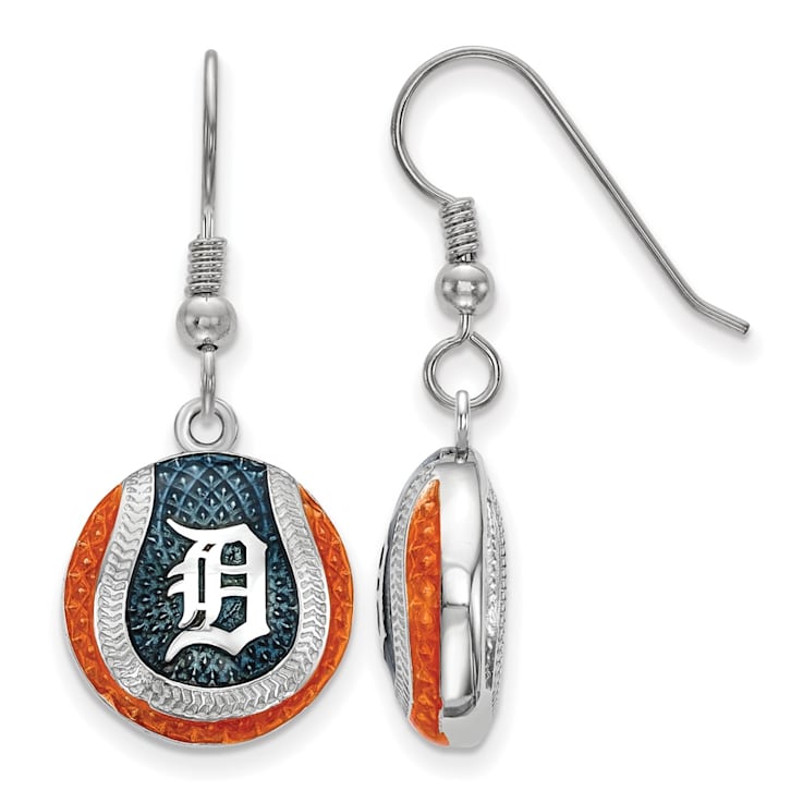Rhodium Over Sterling Silver MLB LogoArt Detroit Tigers Enamel Earrings