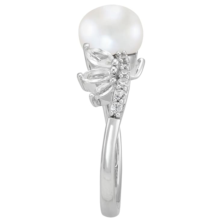8mm Button White Freshwater Pearl and White Sapphire Sterling Silver Ring