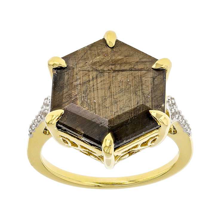 Golden Sheen Sapphire Hexagon Ring In 18K Gold Over Sterling Silver 14.23ctw