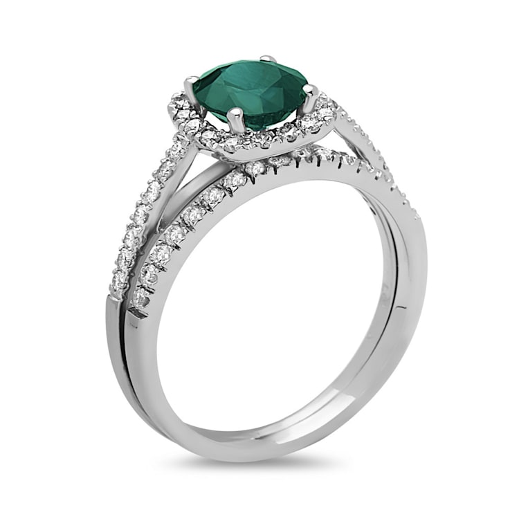 1.35ctw Emerald and Diamond Engagement Ring with Band Ring in 14k White Gold