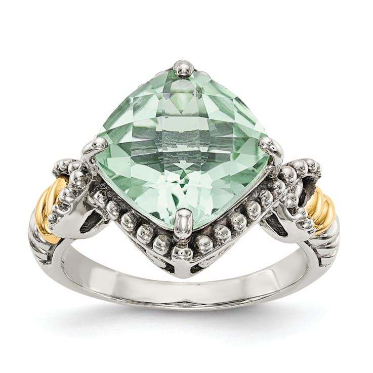 Sterling Silver with 14K Accent Antiqued Prasiolite Cushion Ring