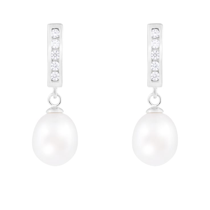 7-8mm White Cultured Freshwater Pearl and Cubic Zirconia Rhodium Over
Sterling Silver Earrings