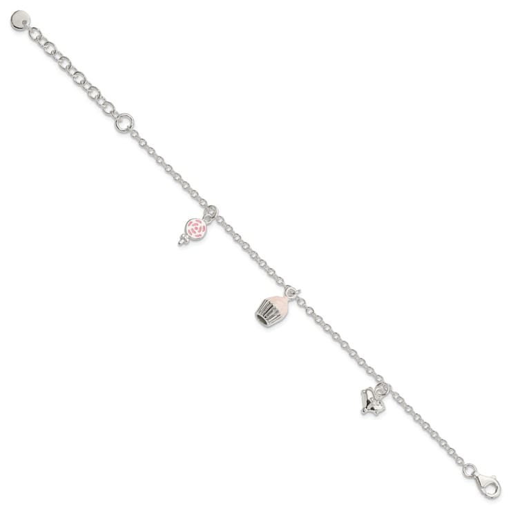 Sterling Silver Enamel Lollipop, Cupcake and Heart with 1.5-inch
Extension Children's Bracelet