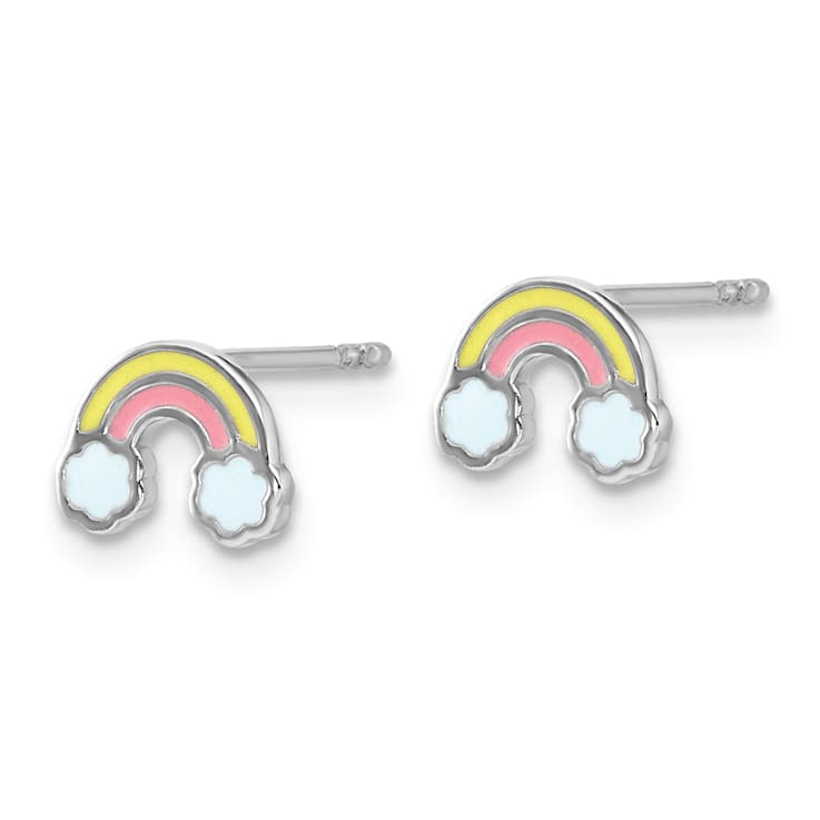 Rhodium Over Sterling Silver Enameled Rainbow Children's Post Earrings