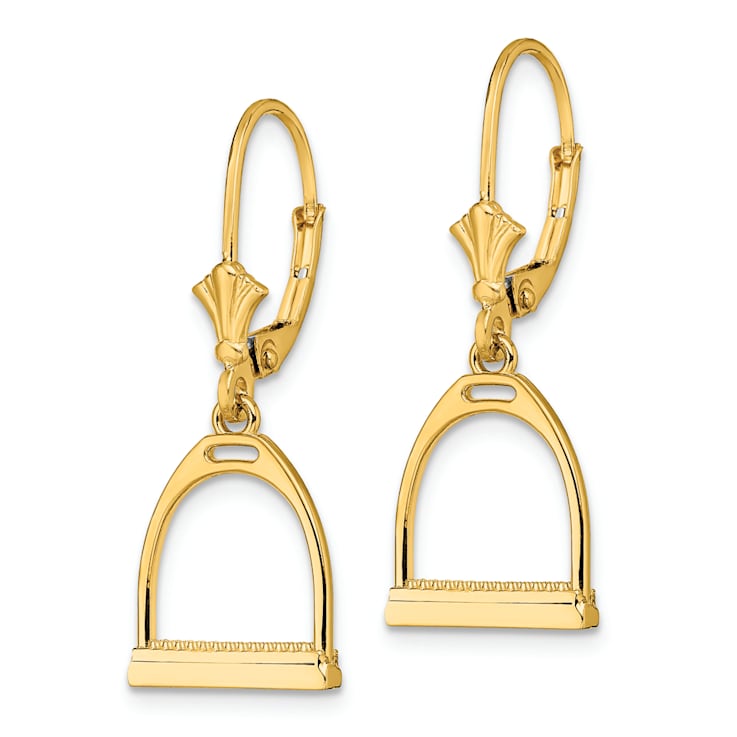 14k Yellow Gold 3D Small Horse Stirrup Dangle Earrings