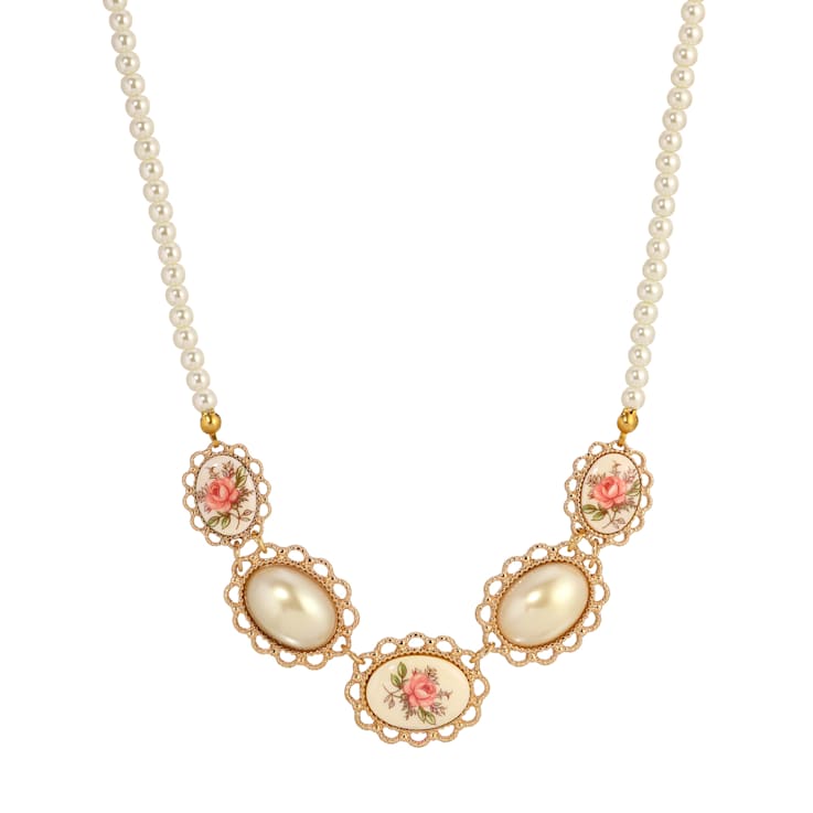 Yellow Base Metal Rose Decal & Oval Faux Pearl Necklace 16 inch Adj.
