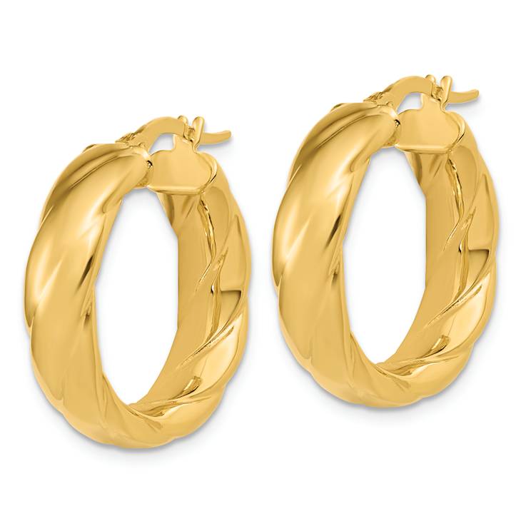 14K Yellow Gold Polished and Grooved Hoop Earrings
