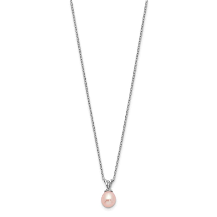 Rhodium Over Sterling Silver Pink Rice 6-7mm FWC Pearl Necklace