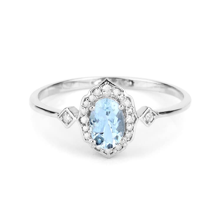 Blue Aquamarine and White Diamond 14K White Gold Halo Ring