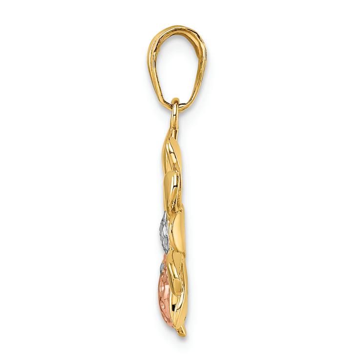 14K Tri-color Gold Diamond-Cut Ladybug on Flower Pendant