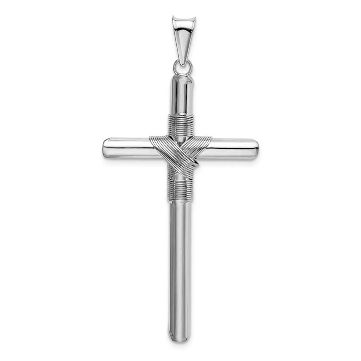 Rhodium Over 14k White Gold 3D Textured Center Wrap Tube Cross Pendant