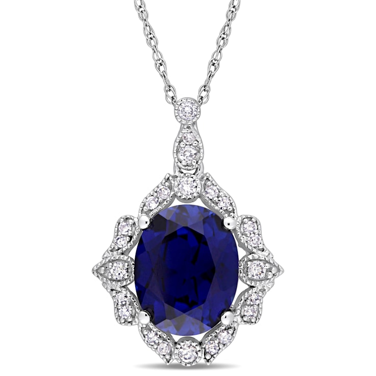 Lab Created Blue Sapphire and White Diamond 10k White Gold Pendant With
Chain 4.32ctw