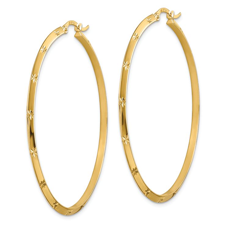 14k Yellow Gold Polished and Diamond-Cut 2 1/16" Hoop Earrings