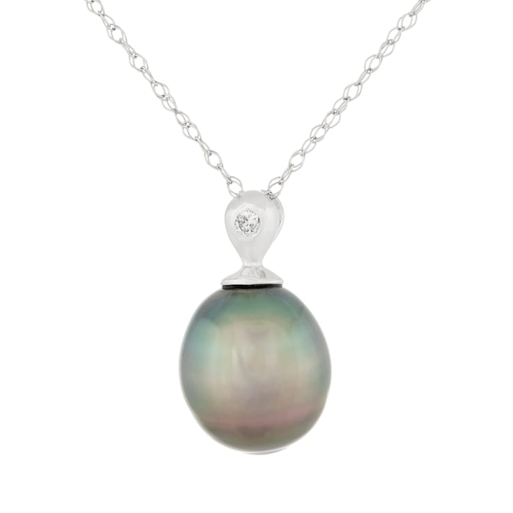 Black Cultured Tahitian Pearl and Diamond 14K White Gold Pendant 9-10mm