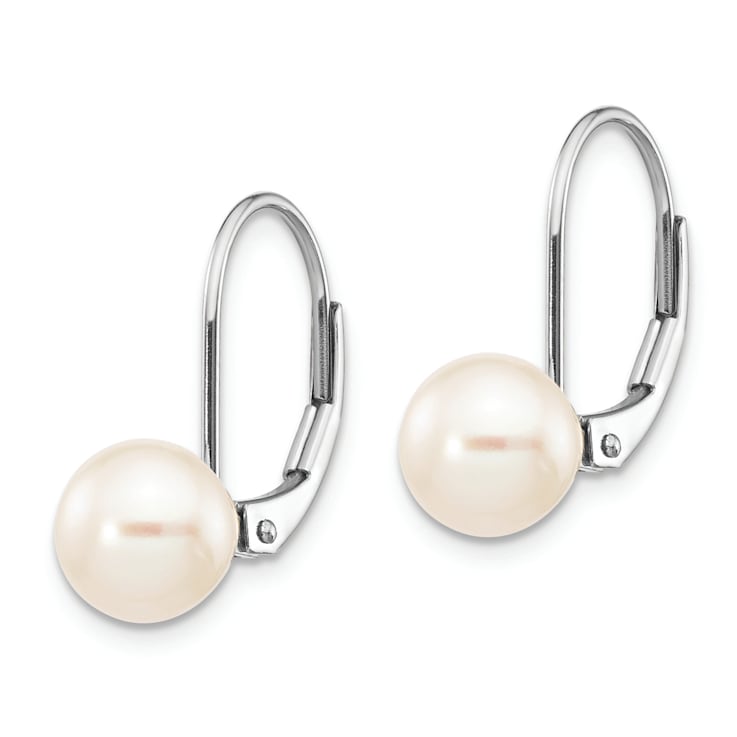 Rhodium Over 14K White Gold 7-8mm Round Freshwater Cultured Pearl
Leverback Earrings