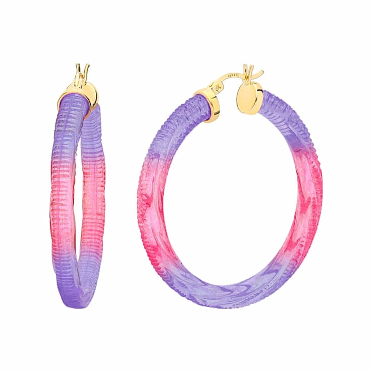 14K Yellow Gold Over Sterling Silver Painted Hoops in Purple and Pink