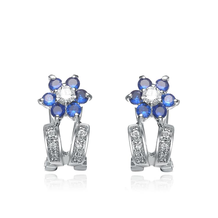 Sapphire Color CZ Flower Stud Earrings In Sterling Silver