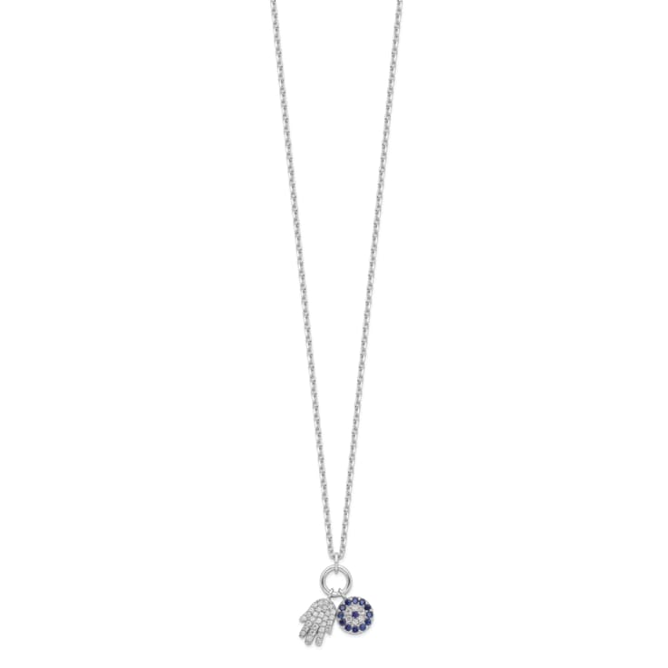 CZ Hamsa And Evil Eye Charm Necklace In Sterling Silver 17 Inch