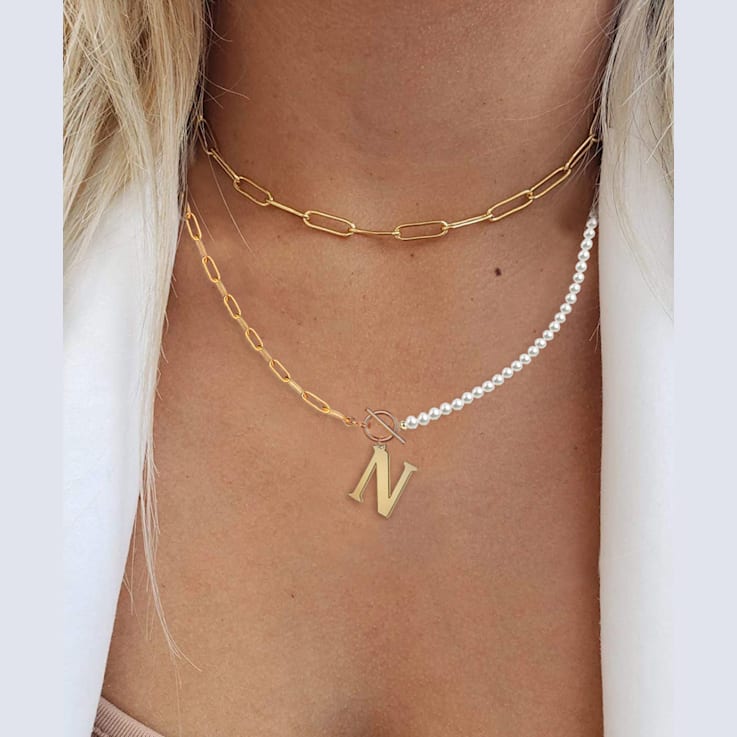 14K Gold Over Brass Initial Pearl Simulant Link Chain Necklace Letter N