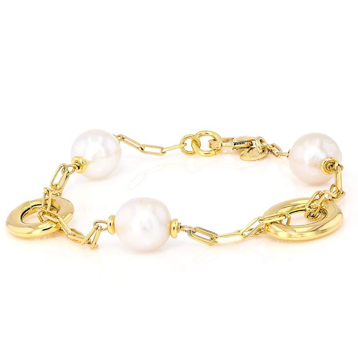 Cultured Freshwater Pearl Station Bracelet In 18K Gold Over Bronze 9mm