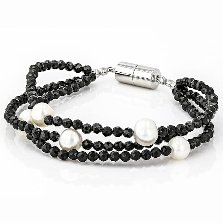 Black Spinel And Cultured Freshwater Pearl Bracelet In Sterling Silver 28.05ctw